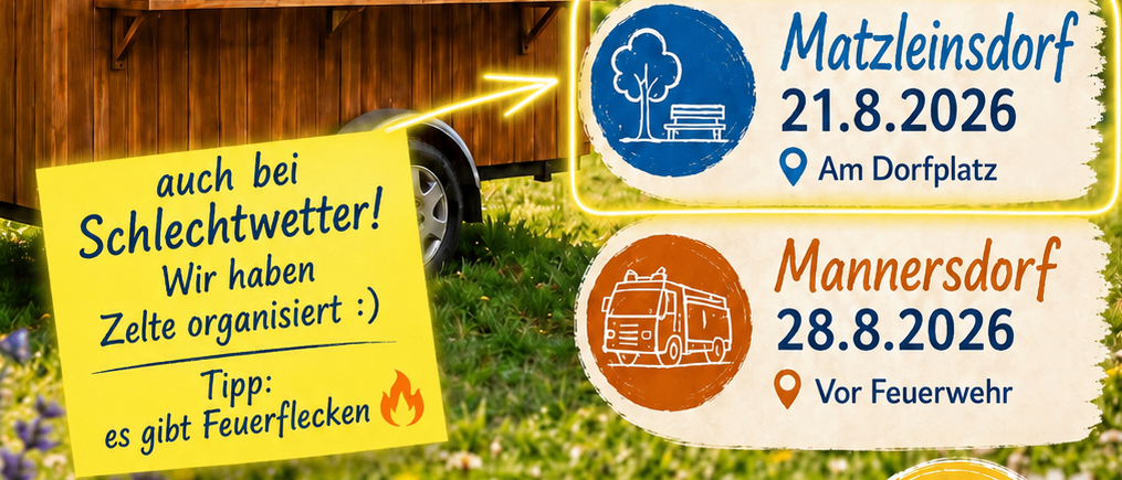 Plakat für den Dorferneuerungsverein mit einem Imbisswagen, einer Tafel, Pflanzen und Lichtern. Termine und Orte für Veranstaltungen sind aufgeführt.