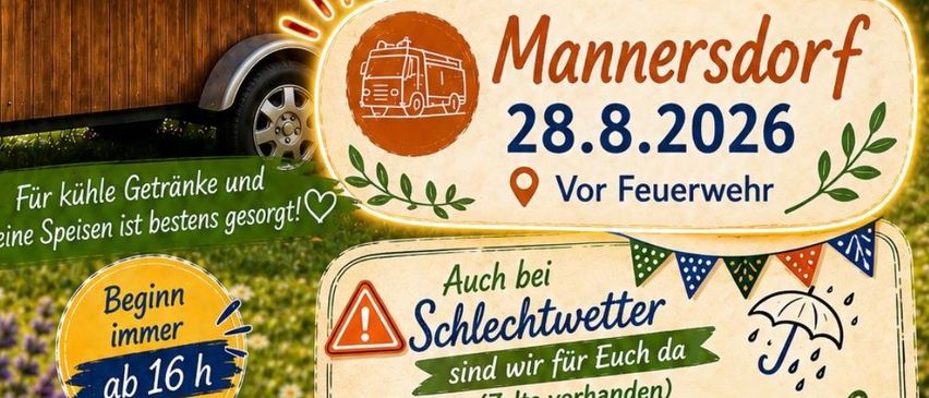 Ein Werbeplakat für einen mobilen Barwagen mit Getränken und Speisen, mit Terminen und Orten für Veranstaltungen in Zelking, Matzleinsdorf und Mannersdorf.