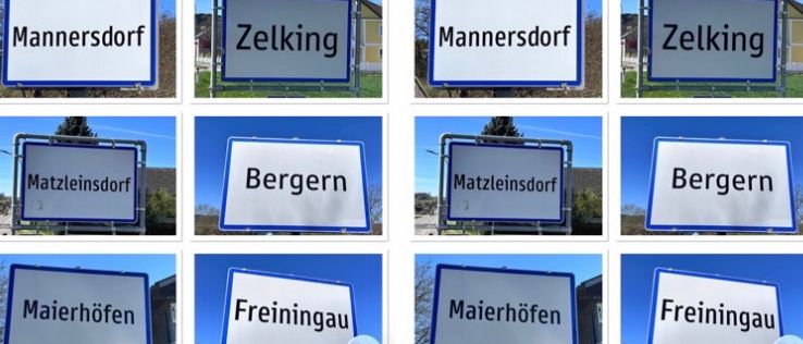 Eine Reihe von acht Straßenschildern in Blau und Weiß. Oben: Mannersdorf, Zelking, Mannersdorf, Zelking. Unten: Matzleinsdorf, Bergern, Matzleinsdorf, Bergern. Unten: Maierhof, Freiiningau, Maierhof, Freiiningau.