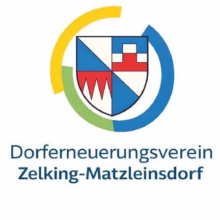 Das Logo des Dorferneuerungsvereins Zelking-Matzleinsdorf zeigt einen Schild mit einem blauen Dreieck, einem roten Kreuz und einem weißen Hintergrund, der in einem blauen und grünen Kreis auf weißem Hintergrund steht.