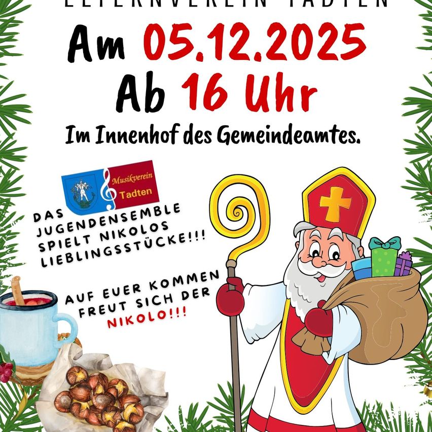 Plakat für eine Veranstaltung am 5. Dezember 2025, beginnend um 16 Uhr, im Gemeindeamt. Zeigt den Heiligen Nikolaus, der einen Stab und einen Sack mit Geschenken hält, mit dem Gemeindechor und dem Jugendensemble, die beliebte Weihnachtsstücke spielen. Beinhaltet auch eine Illustration einer Tasse heißes Getränk und einen Beutel Kastanien.