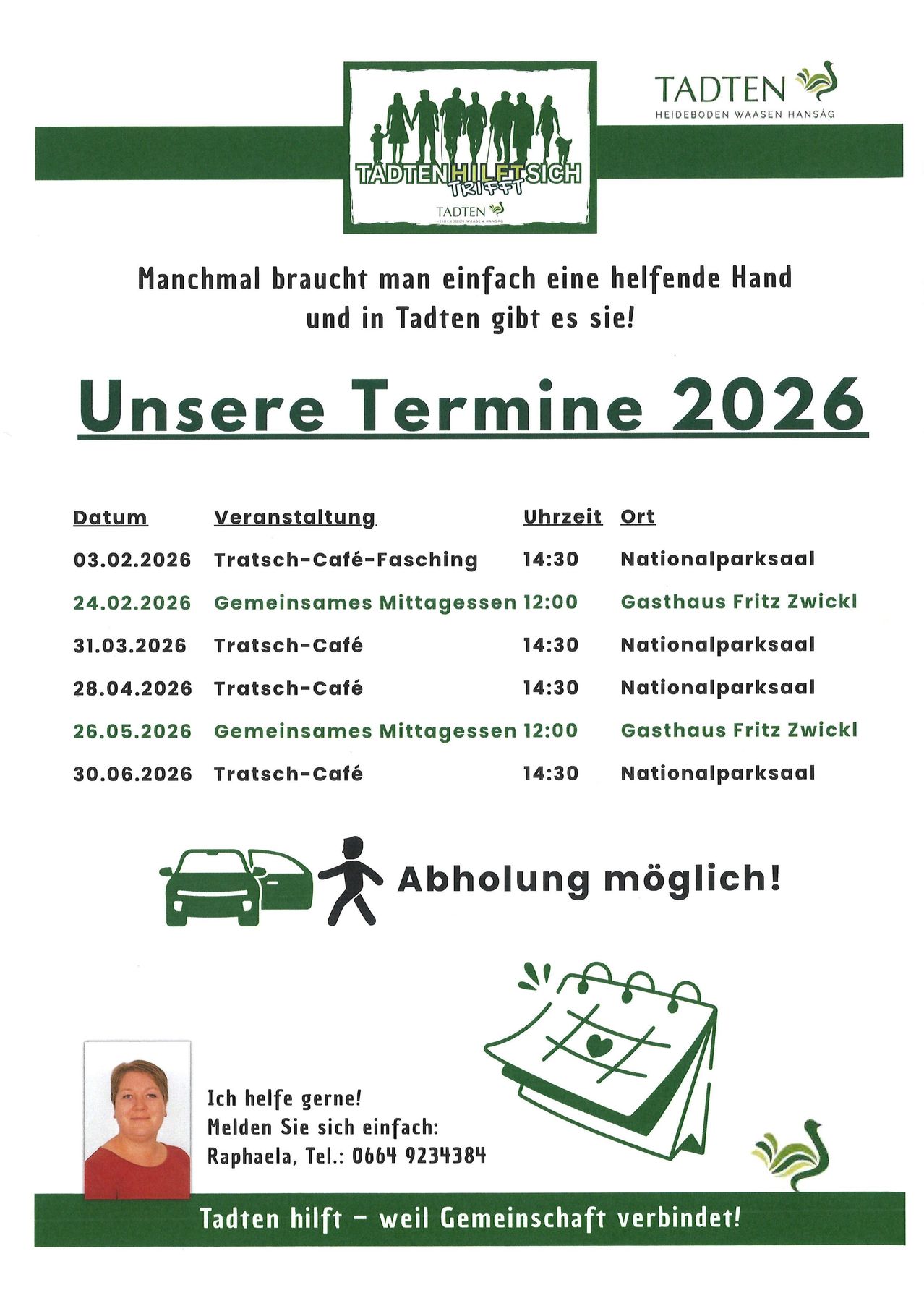 Ein Informationsposter mit Terminen und Veranstaltungen für 2026. Es listet fünf Veranstaltungen auf, darunter Tratsch-Cafe-Fashing und gemeinsame Mittagessen im Gasthaus Fritz Zwicki. Die Termine reichen von 3. Februar bis 30. Juni. Das Poster erwähnt auch die Möglichkeit der Stornierung.