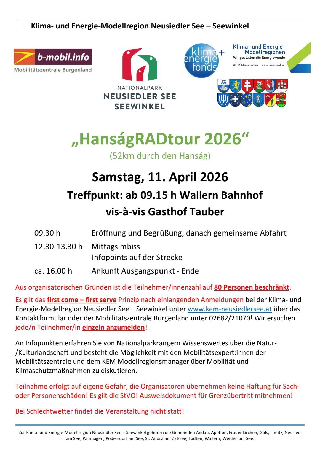 Plakat für die HansagRADTour 2026, eine 52km Radtour entlang des Hansag am 11. April 2026. Treffpunkt ist um 09:15 Uhr am Wallen Bahnhof. Die Tour beinhaltet Mittagessen, mit Infopunkten entlang der Strecke. Anmeldung erforderlich, begrenzt auf 80 Teilnehmer.