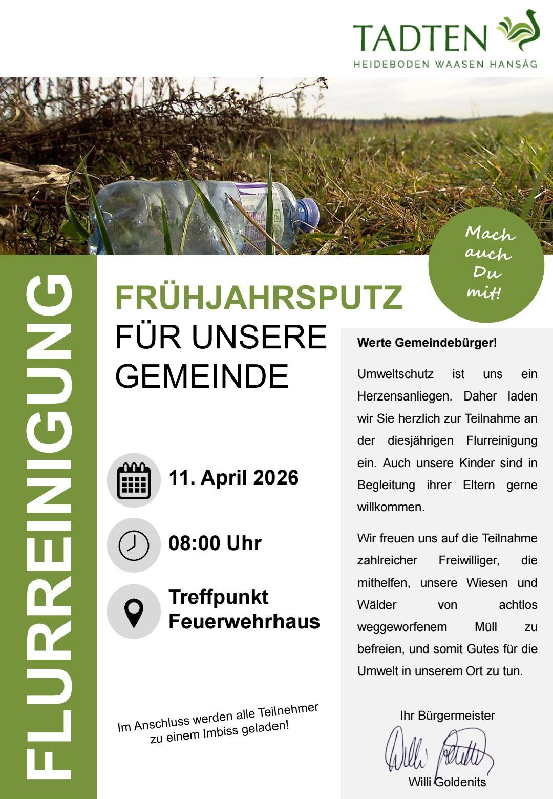 Ein Bild, das eine Gemeinschaftsreinigungsaktion am 11. April 2026 um 08:00 Uhr bewirbt. Die Veranstaltung findet am Feuerwehrhaus statt und animiert Gemeindemitglieder zur Teilnahme an der Abfallbeseitigung.