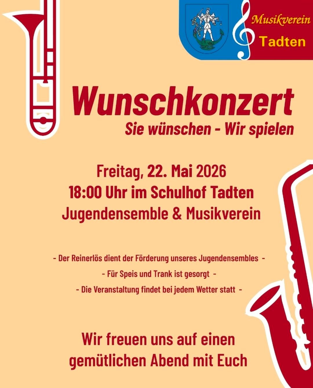 Plakat für ein Wunschkonzert mit Datum, Uhrzeit und Ort. Es wird erwähnt, dass die Veranstaltung unabhängig vom Wetter stattfindet.