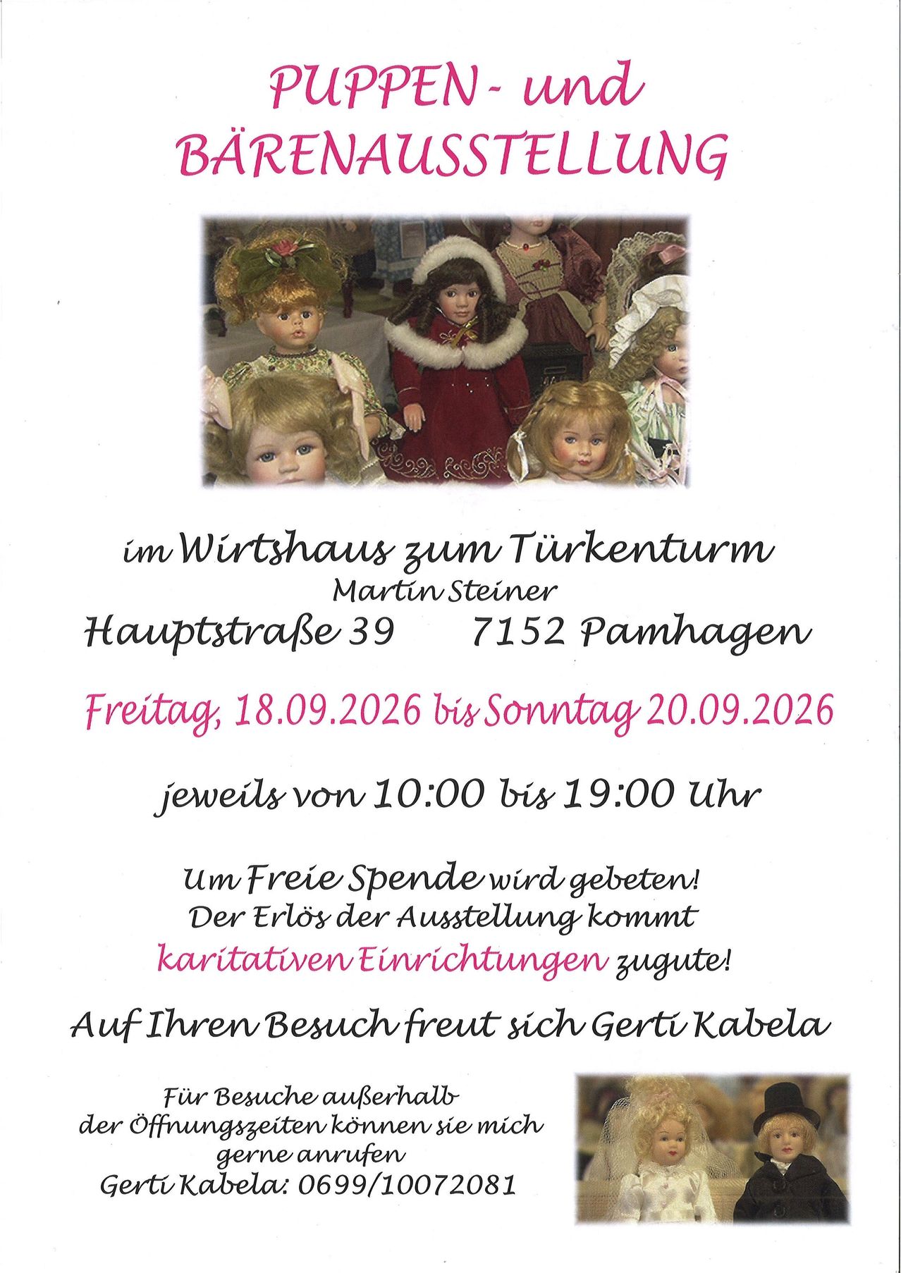 Ein Plakat für eine Puppenausstellung im Türkenhaus von Martin Steiner in Pamhagen, Österreich. Die Ausstellung läuft vom 18. September 2026 bis zum 20. September 2026 von 10:00 Uhr bis 19:00 Uhr. Der Eintritt ist frei, und der Erlös kommt wohltätigen Einrichtungen zugute.