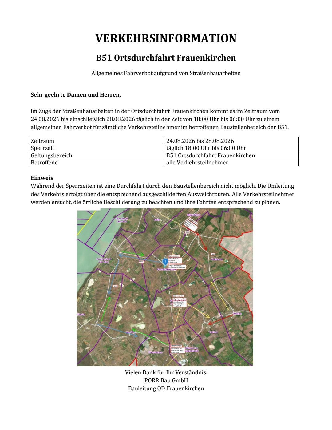 Eine Karte, die das Gebiet von Frauenkirchen, Österreich, zeigt, mit einem hervorgehobenen Bereich, der das von Straßenbauarbeiten betroffene Gebiet anzeigt. Die Karte enthält eine Legende und einen Hinweis auf die Straßensperrung zu bestimmten Zeiten.