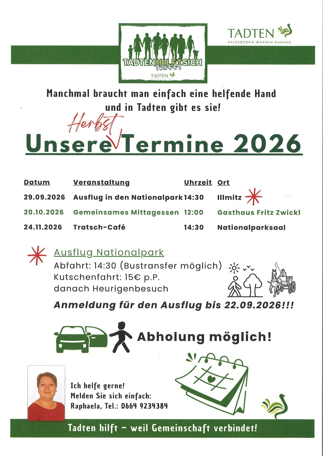 Plakat mit Veranstaltungsdetails für 2026. Es enthält Termine, Orte und Aktivitäten wie einen Nationalparkausflug und ein Mittagessen. Das Plakat enthält auch eine Anmeldefrist und ein hilfreiches Handlogo.
