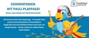 Plakat für ein Musikevent. Ein Vogel mit Bogen und Geige. Text: 'Sommerferien mit Meister Haydn'. Aktivitäten: Musik entdecken, Rätsel lösen, Spaß haben. Besuchen: haydn-haus.at/sommerferien.