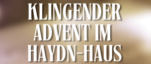 Ein Plakat für eine Privathochschule in Burgenland aus dem Jahr 2025 zeigt einen leuchtenden Hintergrund und Musiknoten. Es kündigt das neueste Salonkonzert an und lädt zu einem adventlichen Weihnachtsabend im Haydn-Haus mit festlicher Kammermusik ein.