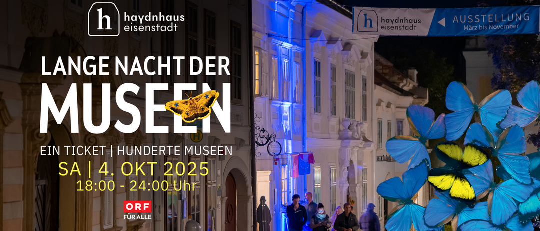 Plakat für die Nacht der Museen. Mehrere Personen gehen auf einer Straße, die von blauen Lichtern beleuchtet wird. Ein Schmetterling ist ebenfalls zu sehen.