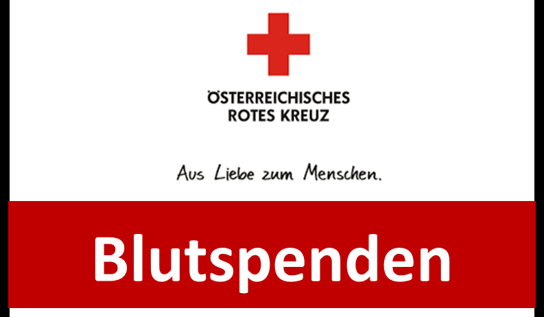 Ein Plakat des Österreichischen Roten Kreuzes zur Förderung der Blutspende. Das Plakat hat ein rotes Kreuzsymbol oben, den Text 'Aus Liebe zum Menschen' darunter und 'Blutspenden' in großen weißen Buchstaben geschrieben.
