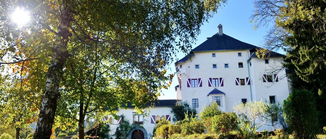 Ein großes weißes Gebäude mit schwarzem Dach und roten Fensterumrandungen steht auf einem grünen Rasen. Bäume und Büsche umgeben das Gebäude. Die Sonne scheint hell und wirft Schatten auf den Boden.