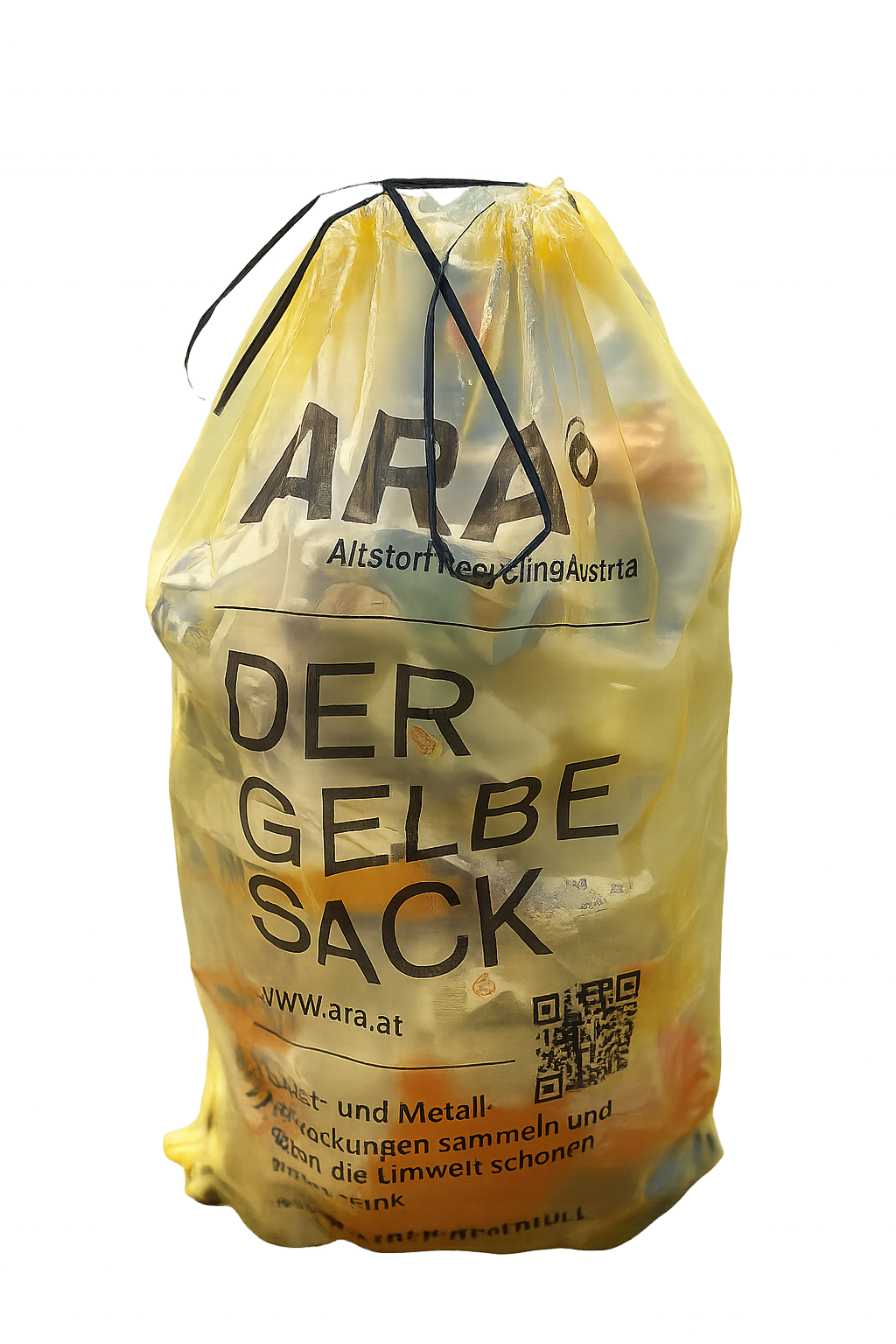Ein gelber Plastiksack mit 'ARA' und 'Altstoff Recycling Austria' bedruckt. Er enthält verschiedene Gegenstände, einschließlich eines QR-Codes, und ist mit 'Der Gelbe Sack' beschriftet.
