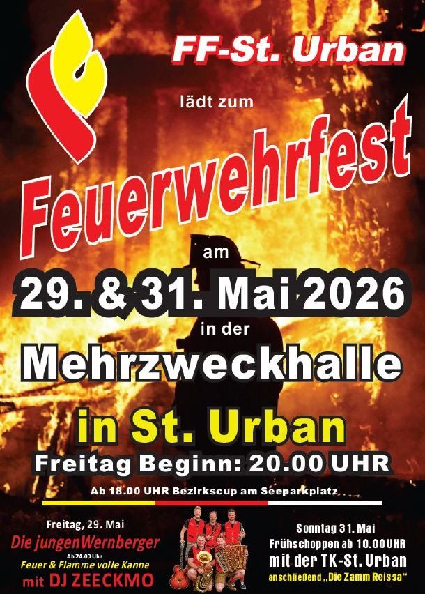 Plakat für das Feuerwehrfest der Feuerwehr St. Urban am 29. und 31. Mai 2026 mit Brandhintergrund und Beginn um 20.00 Uhr.