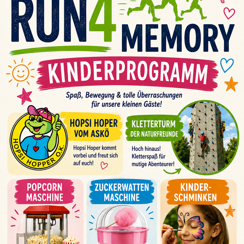 Ein Werbeplakat für das RUN4 MEMORY Kinderprogramm mit Aktivitäten wie Klettern, Popcorn und Gesichtsbemalung.