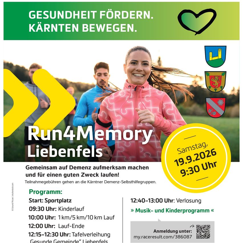 Plakat für die Run4Memory-Veranstaltung in Liebenfels, mit einer lächelnden Frau beim Laufen, Details zum Datum, zur Zeit und zum Programm.