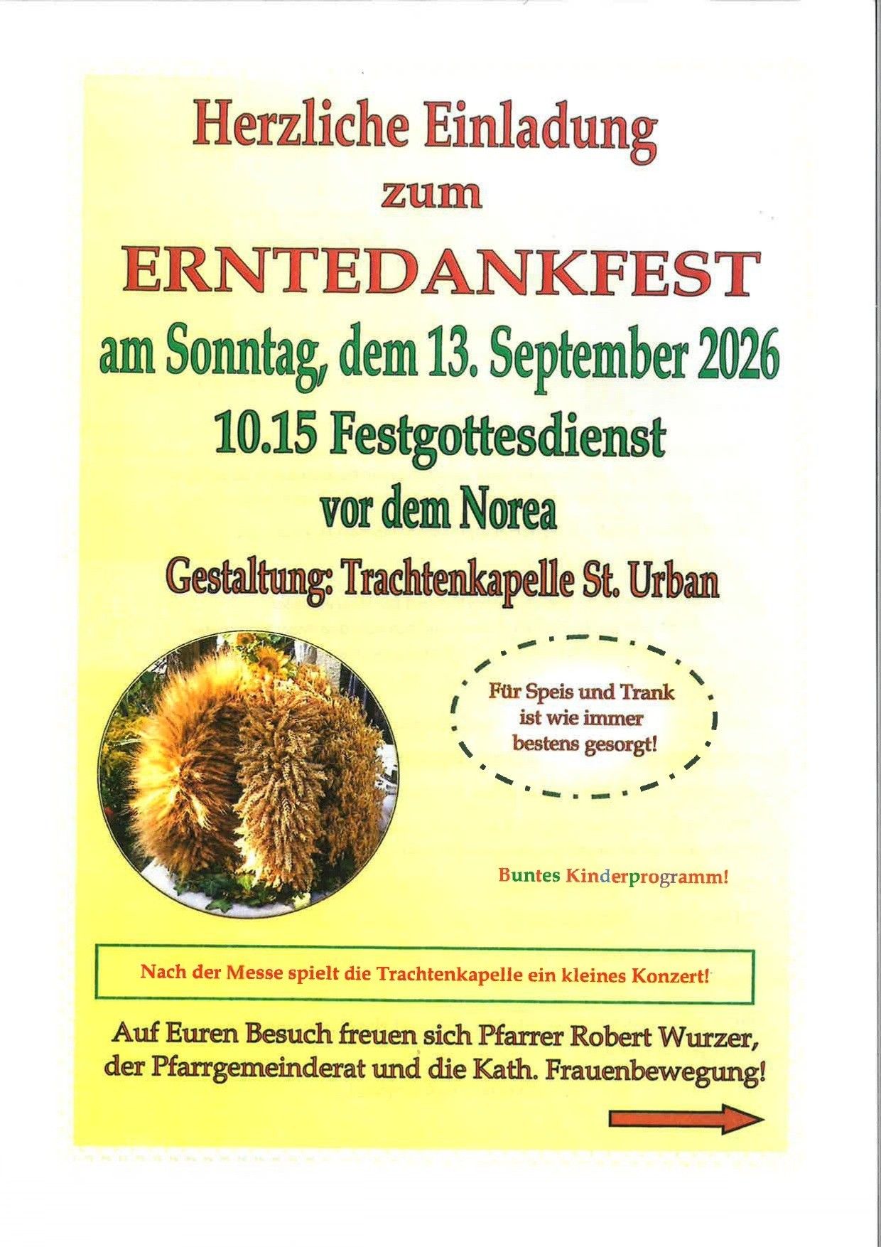 Plakat für Erntedankfest-Veranstaltung am 13. September 2026. Zeigt einen Weizengarben, einen Gottesdienst und ein Kinderprogramm.