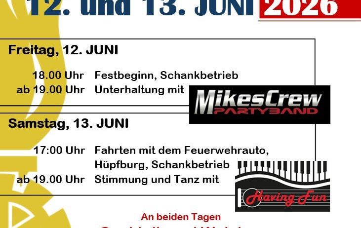 Siegenfeld-Veranstaltung am 12. und 13. Juni 2026. Freitag startet um 18:00 mit einem Festbetrieb, Bar und Unterhaltung von MikesCrew. Samstag beginnt um 17:00 mit einer Feuerwehrautofahrt, gefolgt von Gesang und Tanz. Beide Tage bieten einen Cocktail- und Weinbar mit DJ Iceman und Lynex.