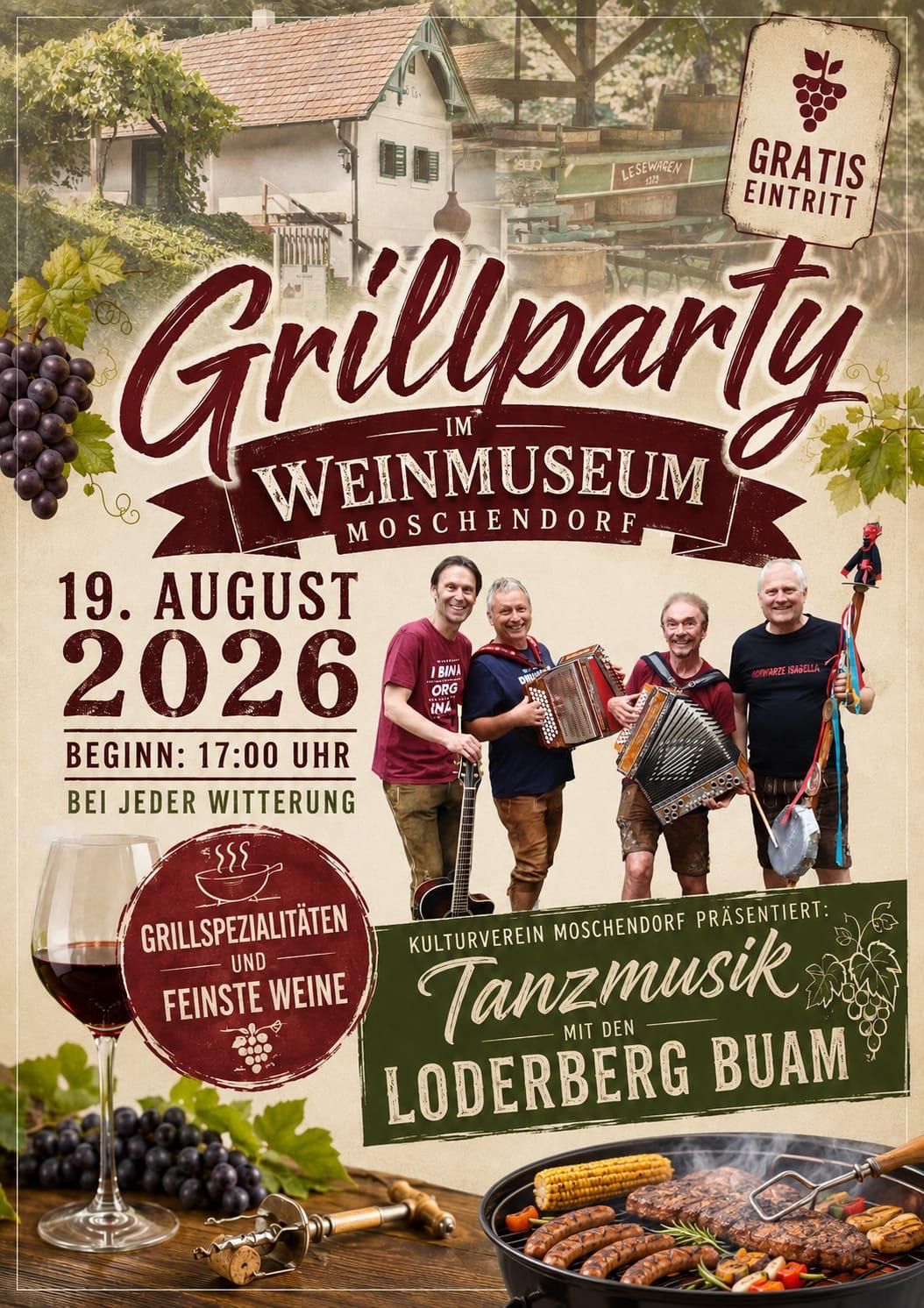 Ein Plakat für eine Grillparty-Veranstaltung im Weinmuseum Moschendorf am 19. August 2026 mit vier Männern mit Musikinstrumenten und einem Weinglas.