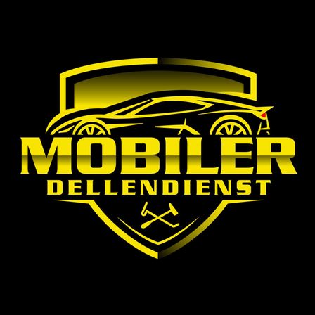 Ein Logo mit einem gelben Schild, das ein Auto und den Text 'MOBILER DELLENDIENST' auf schwarzem Hintergrund zeigt.