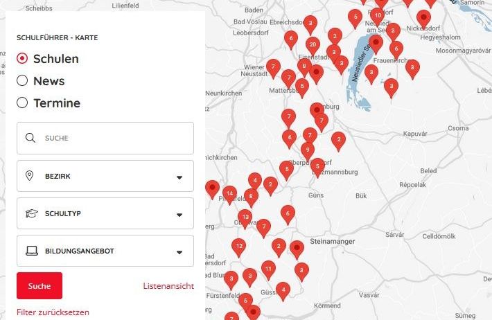 Eine Karte zeigt ein Auswahltool für Schulen, Nachrichten und Bahnhöfe, mit einer Suchleiste und Optionen für Bezirk, Schultyp und Bildungsangebote. Die Karte ist auf Bratislava zentriert.
