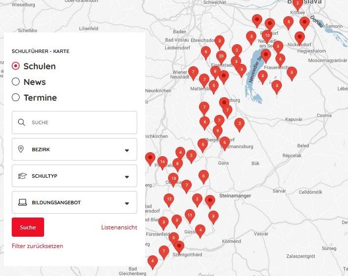 Eine Karte zeigt ein Auswahltool für Schulen, Nachrichten und Bahnhöfe, mit einer Suchleiste und Optionen für Bezirk, Schultyp und Bildungsangebote. Die Karte ist auf Bratislava zentriert.