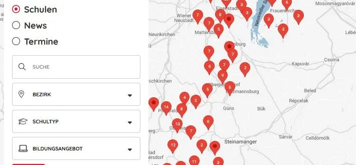 Eine Karte zeigt ein Auswahltool für Schulen, Nachrichten und Bahnhöfe, mit einer Suchleiste und Optionen für Bezirk, Schultyp und Bildungsangebote. Die Karte ist auf Bratislava zentriert.