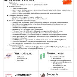 Das Dokument beschreibt Regeln für Verhalten und Zuverlässigkeit, einschließlich Klassenzimmerreinigung, Handhabung persönlicher Gegenstände und angemessene Kleidung. Es behandelt auch ökologische Nachhaltigkeit mit Fokus auf Abfallreduzierung und Ressourcenschonung.