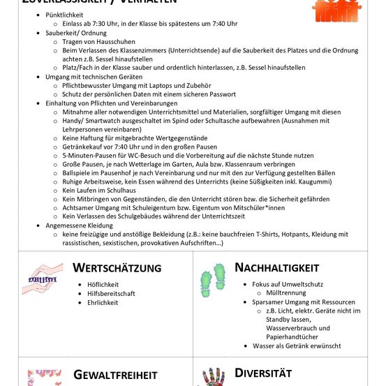 Das Dokument beschreibt Regeln für Verhalten und Zuverlässigkeit, einschließlich Klassenzimmerreinigung, Handhabung persönlicher Gegenstände und angemessene Kleidung. Es behandelt auch ökologische Nachhaltigkeit mit Fokus auf Abfallreduzierung und Ressourcenschonung.