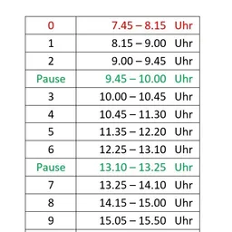 Die Tabelle zeigt einen Stundenplan. Der erste Zeitblock beginnt um 7:45 und endet um 8:15. Insgesamt gibt es zehn Blöcke, mit Pausen dazwischen.
