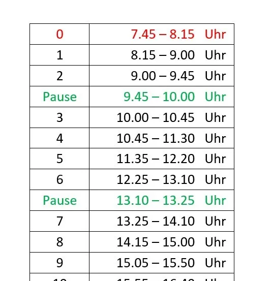 Die Tabelle zeigt einen Stundenplan. Der erste Zeitblock beginnt um 7:45 und endet um 8:15. Insgesamt gibt es zehn Blöcke, mit Pausen dazwischen.