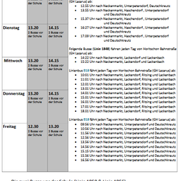 Der Busfahrplan für 2025/26 zeigt die Zeiten für Busse zu verschiedenen Orten an Wochentagen. Busse fahren zu verschiedenen Zeiten nach Neckenmarkt, Haschendorf, Unterpetersdorf, Deutschkreuz. Freitags fahren Busse zu anderen Zeiten ab.