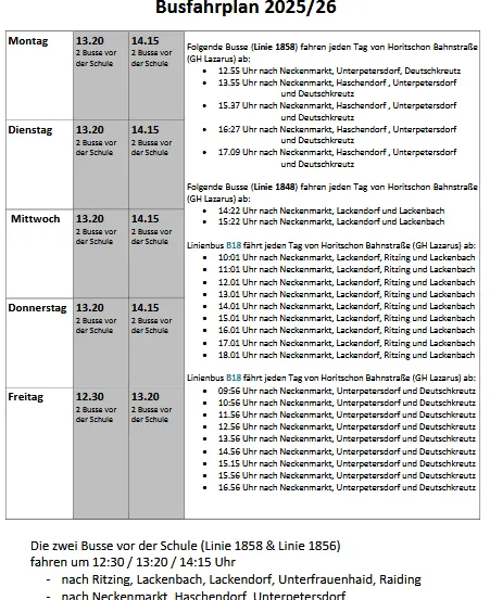 Der Busfahrplan für 2025/26 zeigt die Zeiten für Busse zu verschiedenen Orten an Wochentagen. Busse fahren zu verschiedenen Zeiten nach Neckenmarkt, Haschendorf, Unterpetersdorf, Deutschkreuz. Freitags fahren Busse zu anderen Zeiten ab.