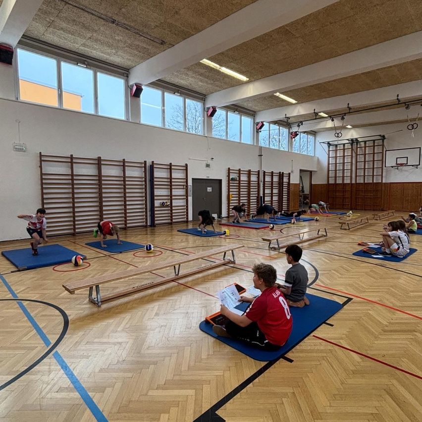 Kinder trainieren in einer Turnhalle mit blauen Matten und Holzbänken. Einige machen Yoga, andere lesen. An der Wand ist ein Basketballkorb.