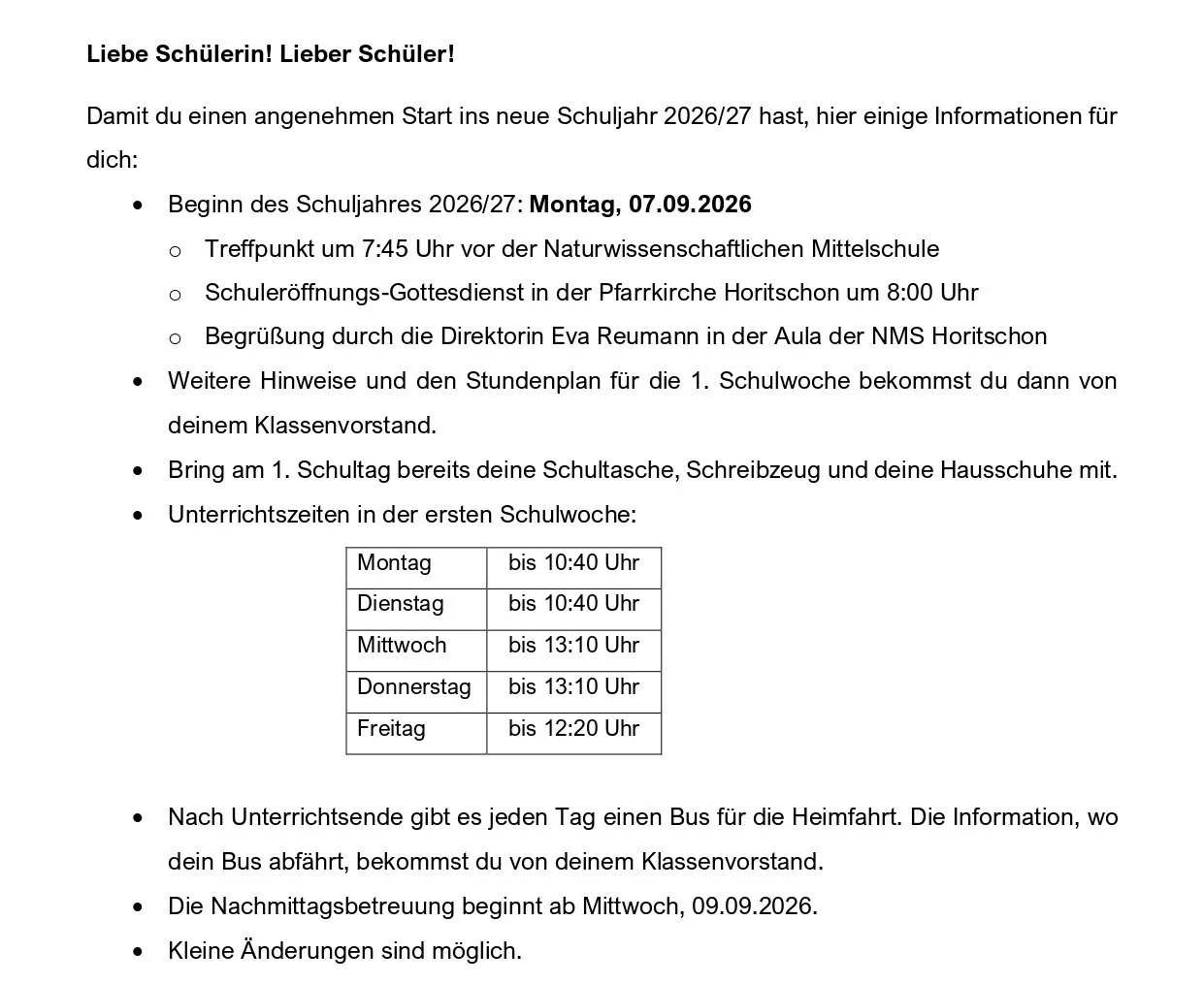 Ein Dokument bietet Informationen über den Beginn des neuen Schuljahres 2026/27, einschließlich des Startdatums, des Treffpunkts, der Gottesdienstzeit und des Stundenplans. Es erwähnt auch die Verfügbarkeit eines Busses für die Heimfahrt und den Beginn der Nachmittagsbetreuung an einem bestimmten Datum.