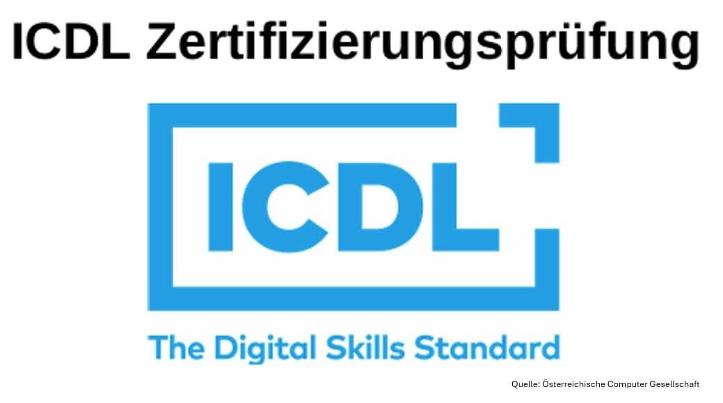 ICDL-Logo zeigt ein blaues Quadrat mit den weissen Buchstaben ICDL, darunter steht 'The Digital Skills Standard'.