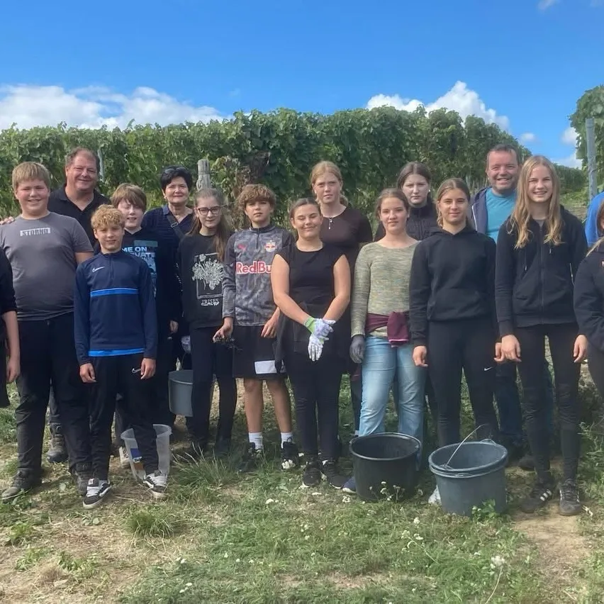 Eine Gruppe von Menschen steht in einem Weinberg, einige halten Eimer.