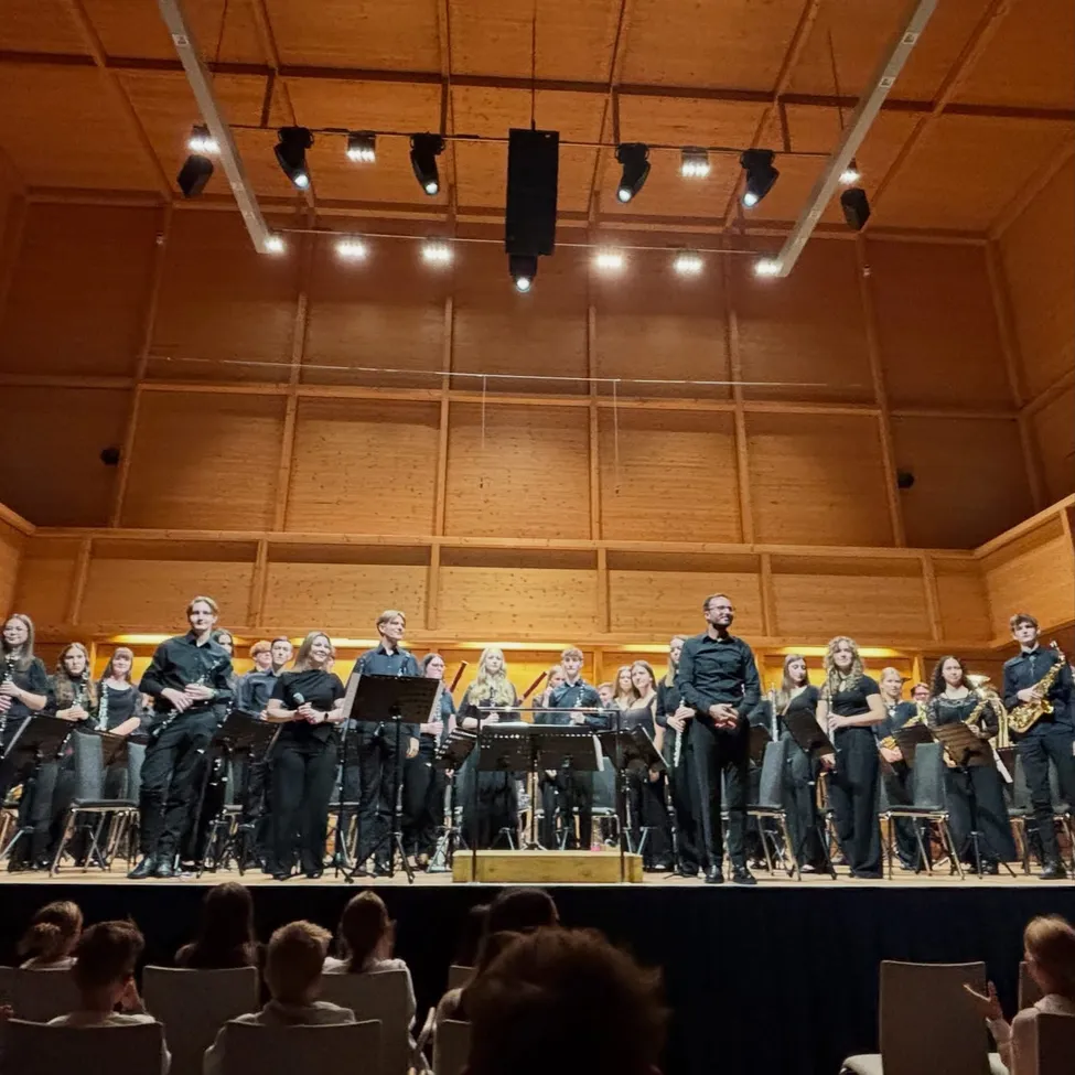 Ein Orchester spielt auf der Bühne in einem Konzertsaal. Die Musiker spielen verschiedene Instrumente, und das Publikum sitzt auf Stühlen.
