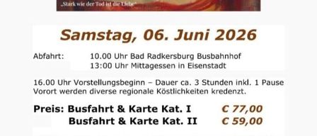 Plakat für die Passionsspiele 2026 in St. Margarethen. Es zeigt das Gesicht einer Frau, mit dem Titel 'Mirjam' und dem Untertitel 'Stark wie der Tod ist die Liebe'. Die Veranstaltung findet am 6. Juni 2026 statt, mit Abfahrtzeiten und einer 3-stündigen Aufführung. Die Ticketpreise sind aufgelistet. Das Stück handelt von Mirjam, 20 Jahre nach den Ereignissen in Bethanien und Jerusalem.