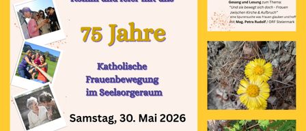 Poster celebrating 75 years of the Catholic Women's Movement in Seelsorgeraum Sonnenland Sud. Event on Saturday, May 30, 2026. Registration with payment up to May 23. Contact: Roem, Kath. Pfarramt Bad Radkersbrug. IBAN: AT59 2081 5000 2852 2118.