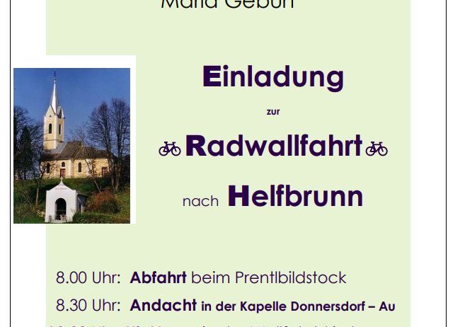 Plakat für eine Fahrradtour am Dienstag, 8. September 2026, mit einer Kirche und einer Kapelle und geplanten Zeiten für Abfahrt, Gebet und Messe.