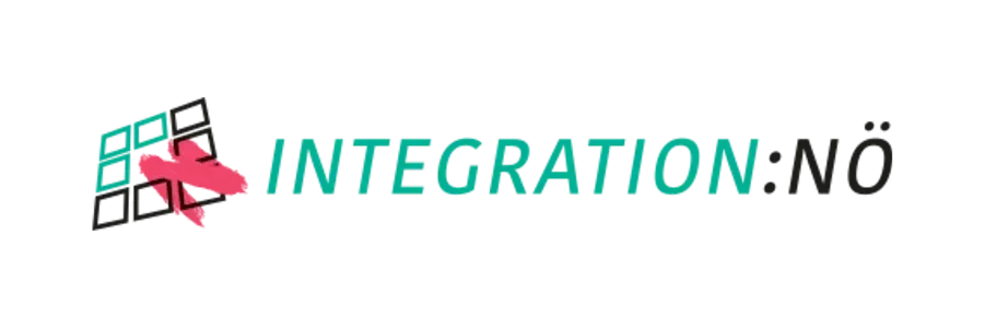 Ein Banner mit schwarzem Hintergrund zeigt ein rotes Herzsymbol und das Wort 'Integration' in grüner Schrift mit weißen Rändern.