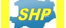 Ein Sprechblase, die eine Karte eines Landes enthält, mit dem Wort SHP in gelb geschrieben.