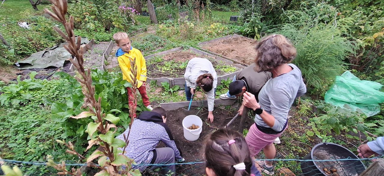 Eine Gruppe von Menschen gräbt in einem Garten. Einige graben im Boden, während andere Werkzeuge halten. Ein Junge in einem gelben Regenmantel beobachtet sie.