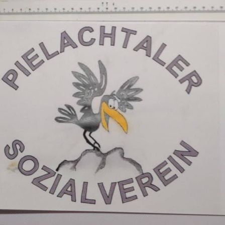 Ein weißer Hintergrund mit dem Logo des Pielachtaler Sozialvereins, das einen Vogel mit gelbem Schnabel und ausgebreiteten Flügeln zeigt, auf einem Felsen sitzend.