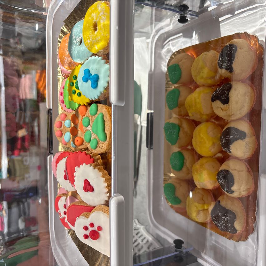 Eine transparente Vitrine mit zwei Tabletts mit Gebäck: farbenfrohe herzförmige Kekse links und mit Schokolade gefüllte Muffins rechts.