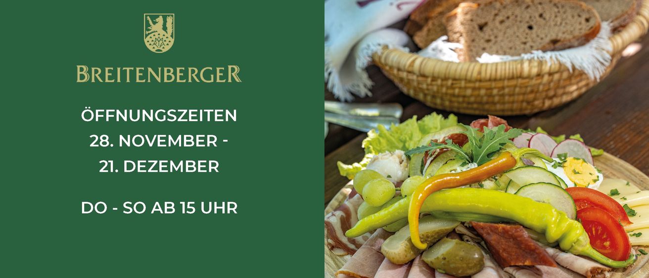 Eine Werbung für ein Restaurant. Ein Teller mit Fleisch, Gemüse und Brot. November-Dezember Öffnungszeiten.