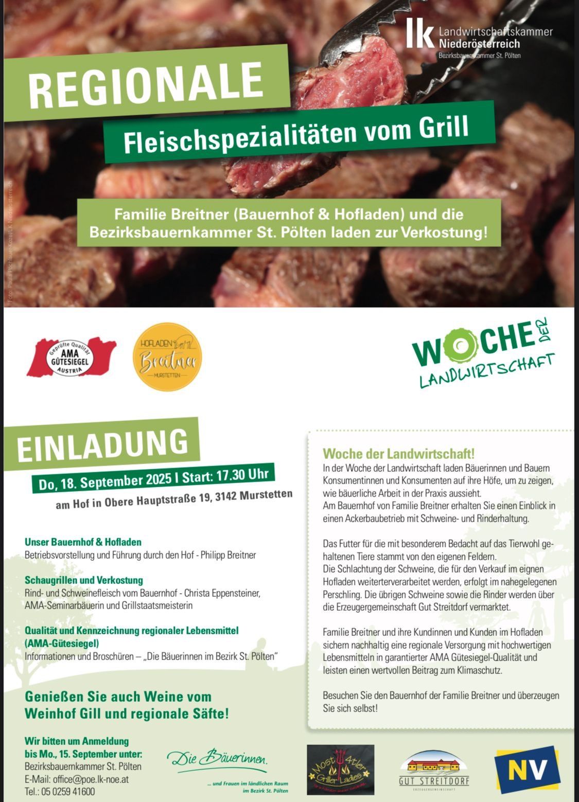 Einladung zur Verkostung von Fleischspezialitäten vom Grill am Hof in Obere Hauptstraße 19, 3142 Murstetten am 18. September 2025, Beginn um 17:30 Uhr. Familie Breitner bietet Rind- und Schweinefleisch vom eigenen Hof an, mit Fokus auf Tierwohl und regionale Produkte.