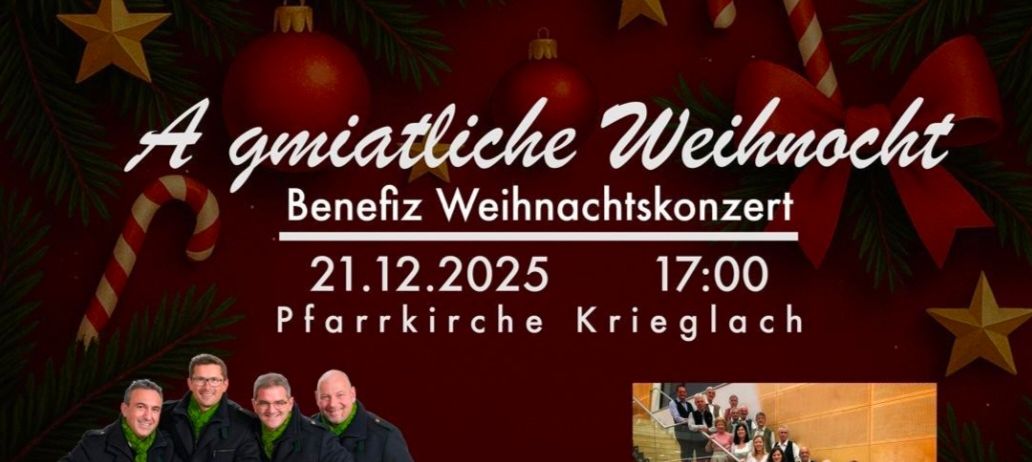 Ein festliches Weihnachtscharitykonzert am 21.12.2025 um 17:00 in der Pfarrkirche Krieglach mit einer Gruppe von Musikern.